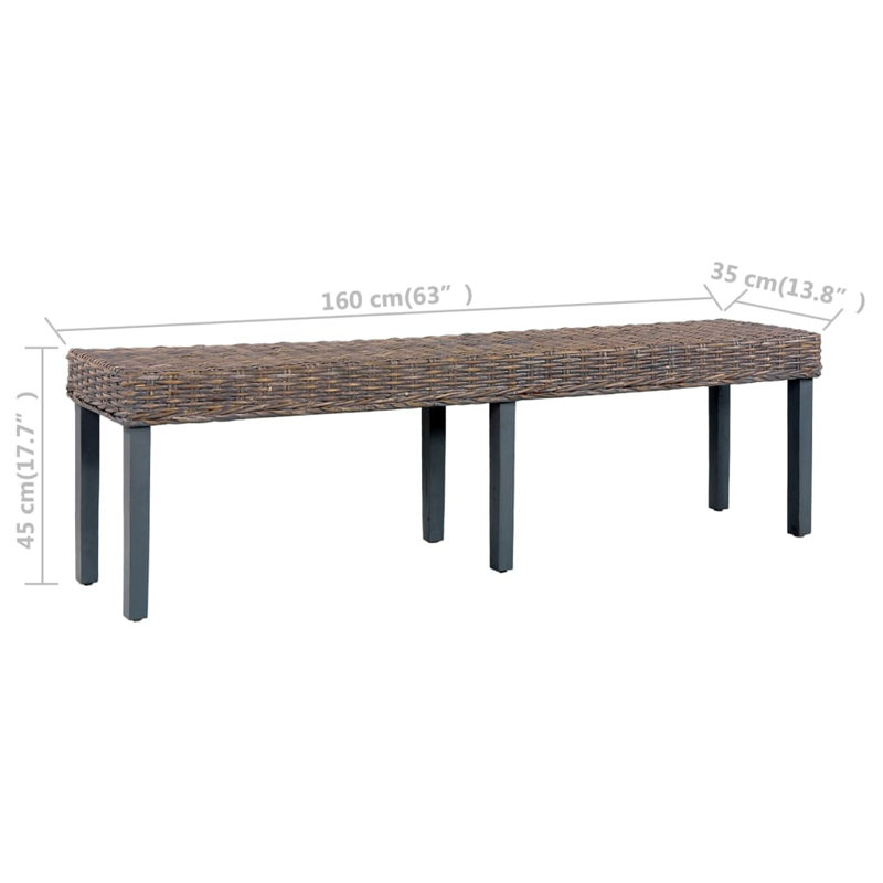 Bench Kitchen Dining Bench Natural Kubu Rattan and Solid Mango Wood, Brown/Gray