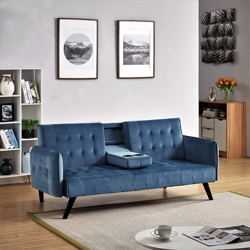Koga 72'' Velvet Convertible Sofa, Blue Velvet