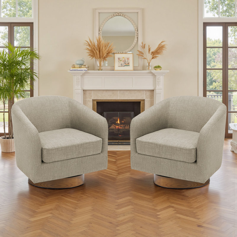 72Cm Wide Swivel Barrel Chair, Light Brown Linen Blend