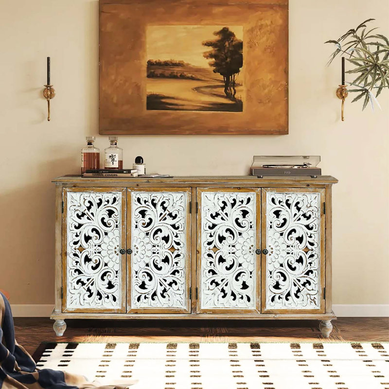 Buffet moderne 4 portes avec espace de rangement. Finition vieillie, convient aux portes d'armoire de différentes pièces et aux détails faits à la main. Style, pour le couloir