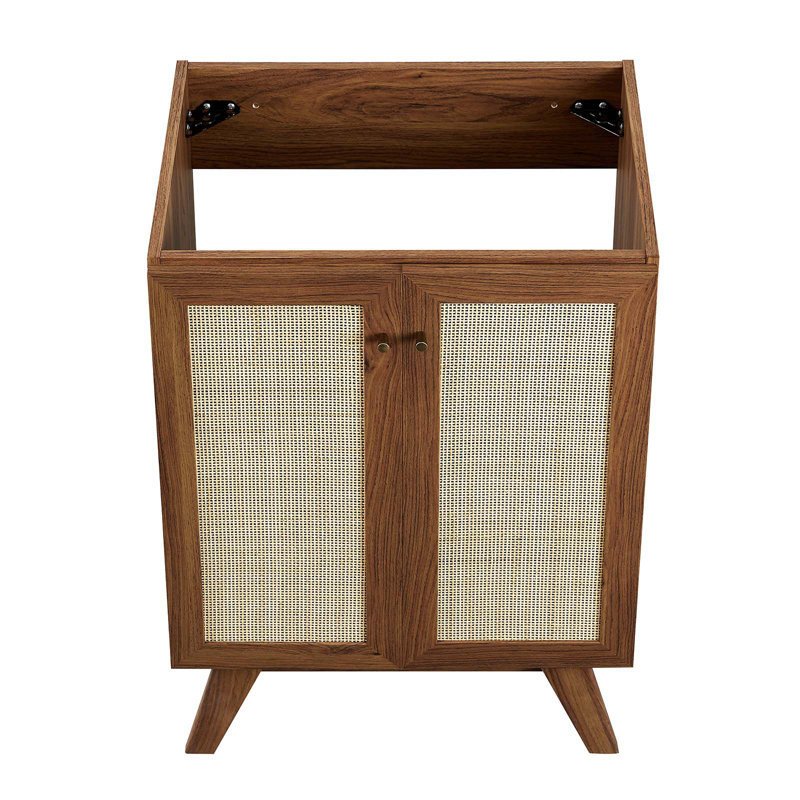 Walnut Freestanding Bathroom Vanity Cabinet with Rattan Weave Doors