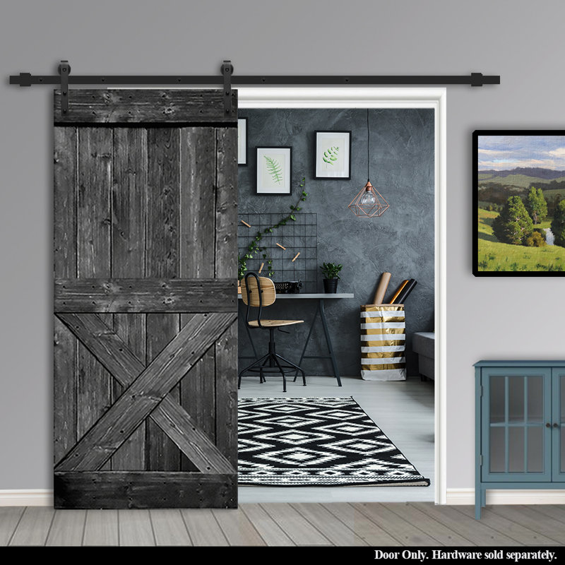Porte de grange en bois lambrissé sans trousse de quincaillerie d’installation, H 84 po x l 36 po x P 1,5 po, Gris métallisé