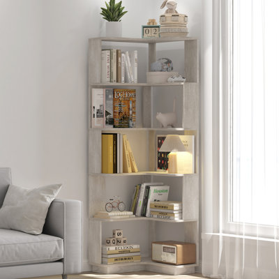 6 Tier Freestanding L-Shaped Corner Bookshelf For Living Room, Bedroom, Wooden Bookcase With Anti-Drop Panle And Anti Tipping Device, Display Shelf Open Storage Rack Organizer For Home Office