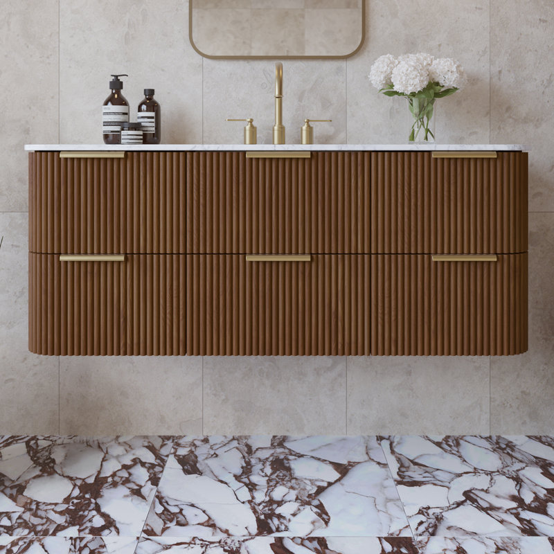 Kensington Floating Vanity 48" Single Vanity, Brown Reeded Birch