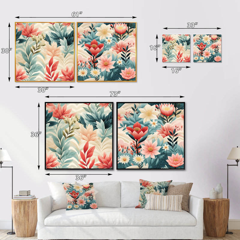 Champetre - Ensemble de 2 collages carrés botaniques abstraits, H 36 po x l 73 po, Toile tendue