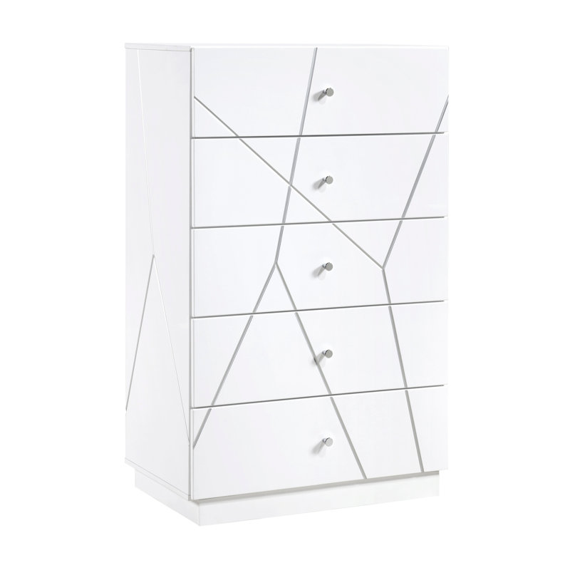 Commode de rangement à 5 tiroirs à finition blanche glamour