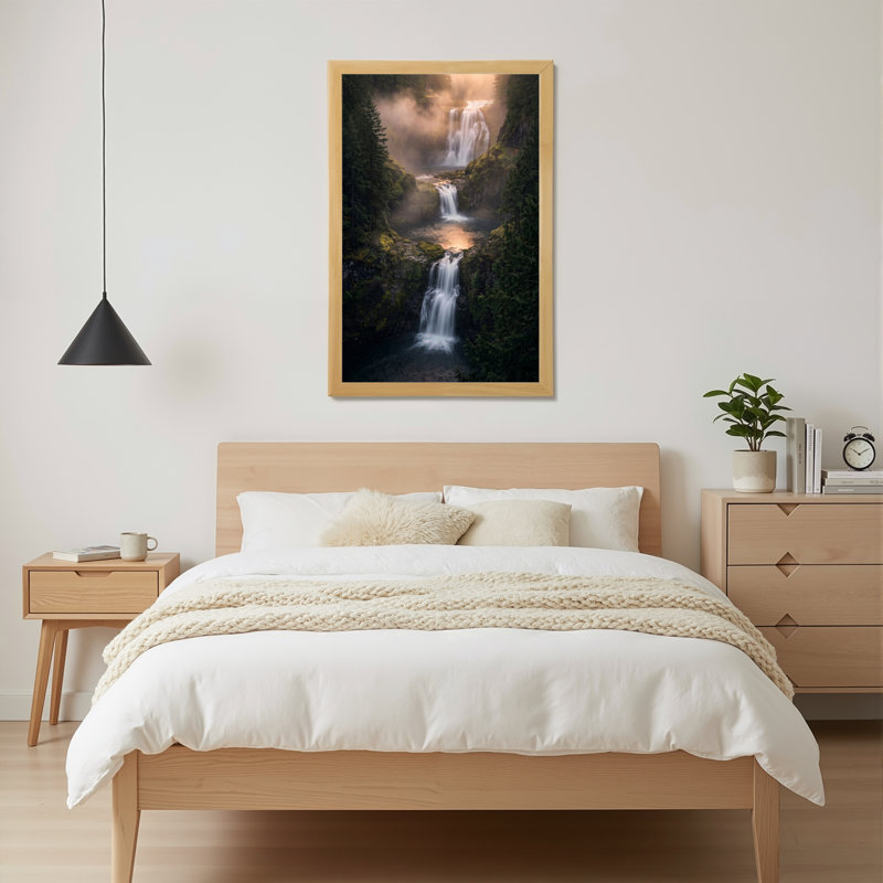 Toile naturelle encadrée en bois naturel pour salon, chambre à coucher, bureau ou vestibule - décoration murale décorative avec forêt cascade
