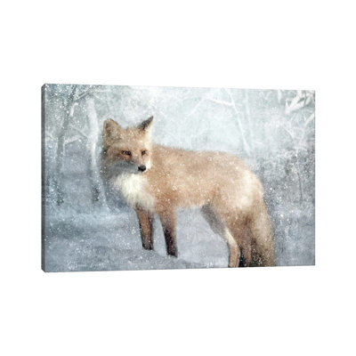 Winter Fox In Falling Snow by Katrina Jones - Wrapped Canvas Painting