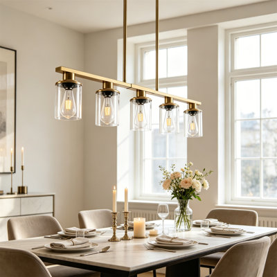 5-Light Linear Kitchen Island Pendant with Clear Glass Shades, Adjustable Height