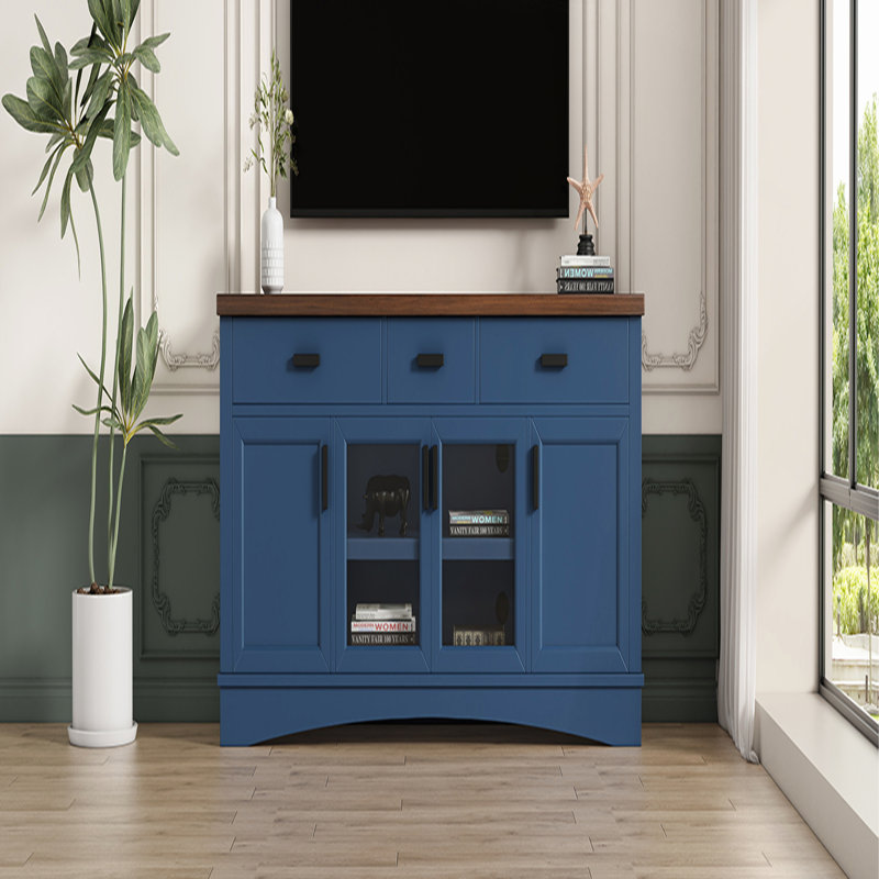 Console de télévision moderne bleue avec tablettes réglables et rangement spacieux, parfaite pour la vie organisée et élégante.