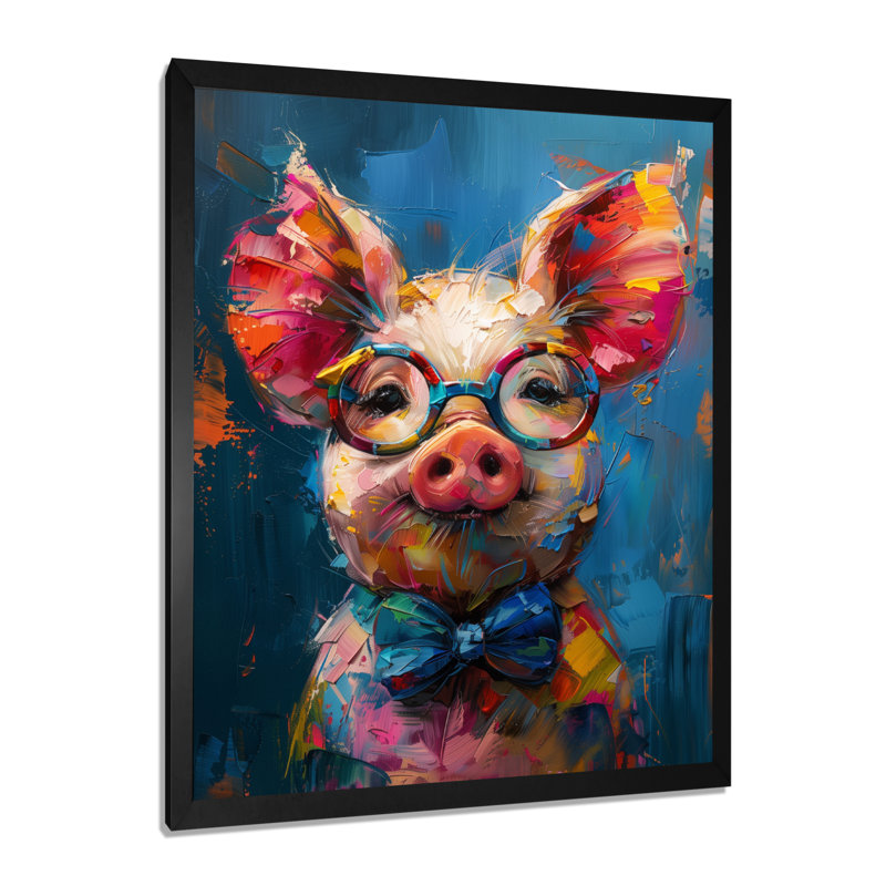 Curieux portrait de cochon bleu et rose, H 20 po x l 12 po x P 1 po, Toile encadrée noire simple