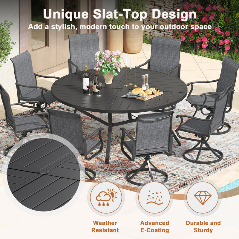 Round Outdoor Dining Set with 60" Metal Dining Table and 8 PVC-coated polyester Swivel Dining Set, Black/Black