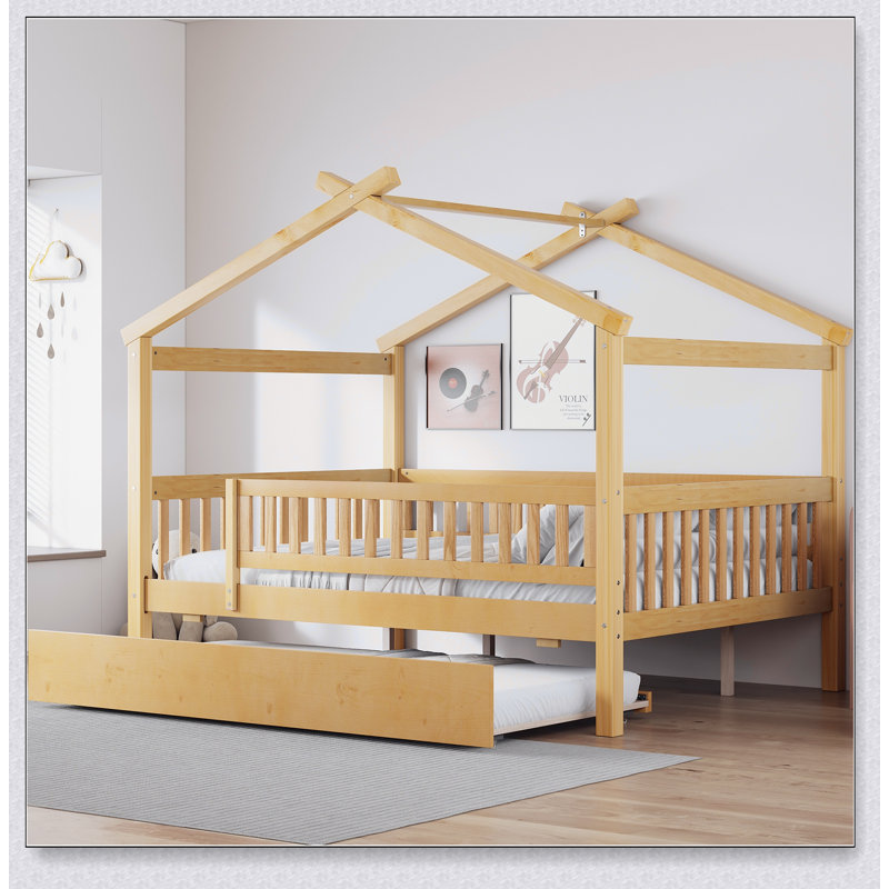 Wooden House Bed With Trundle, Natural
