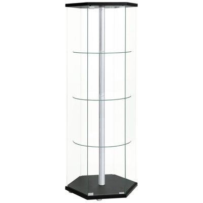 Black Glass 4-Shelf Curio Cabinet With Hexagonal Shape For Display In Main Rooms Unique Storage Living