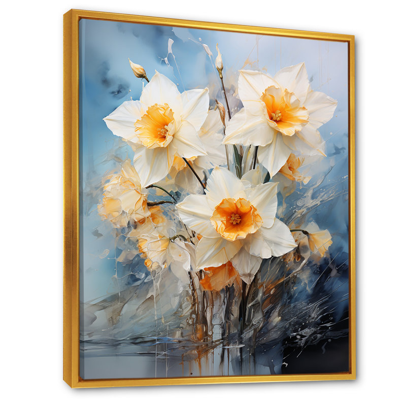«Soft Neutrals Grey White Daffodils Bloom», reproduction sur toile, H 44 po x l 34 po x P 1,5 po, Cadre flottant doré