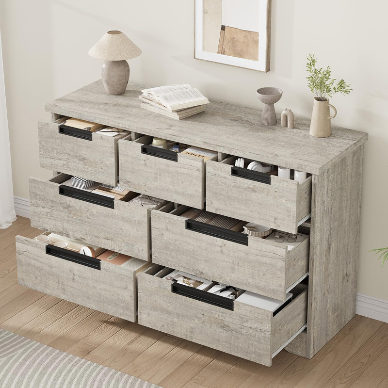 Commode 7 tiroirs - Commode en bois gris avec poignées intégrées - Rangement pour la chambre à coucher, le salon, la chambre de bébé, le couloir, gris
