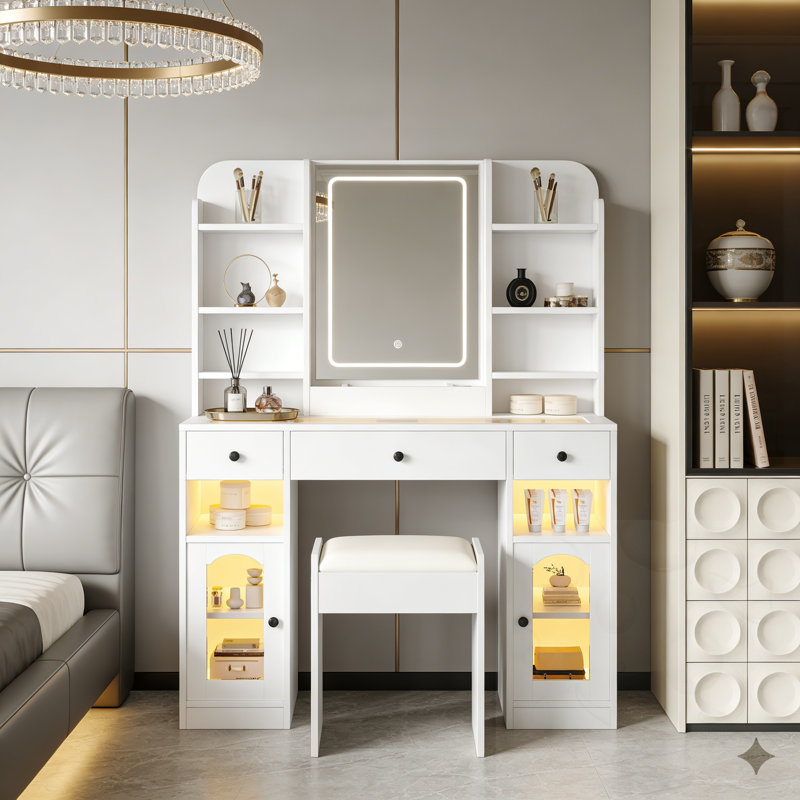 3-Drawer Vanity Desk With LED Mirror And Light Cabinets And Stool, White