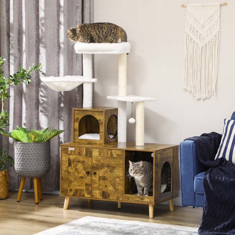 Arbre à chat avec bac à litière, tourelle à chat 2-en-1 pour l'intérieur, condo pour chat avec hamac, poteau à griffer, brun rustique