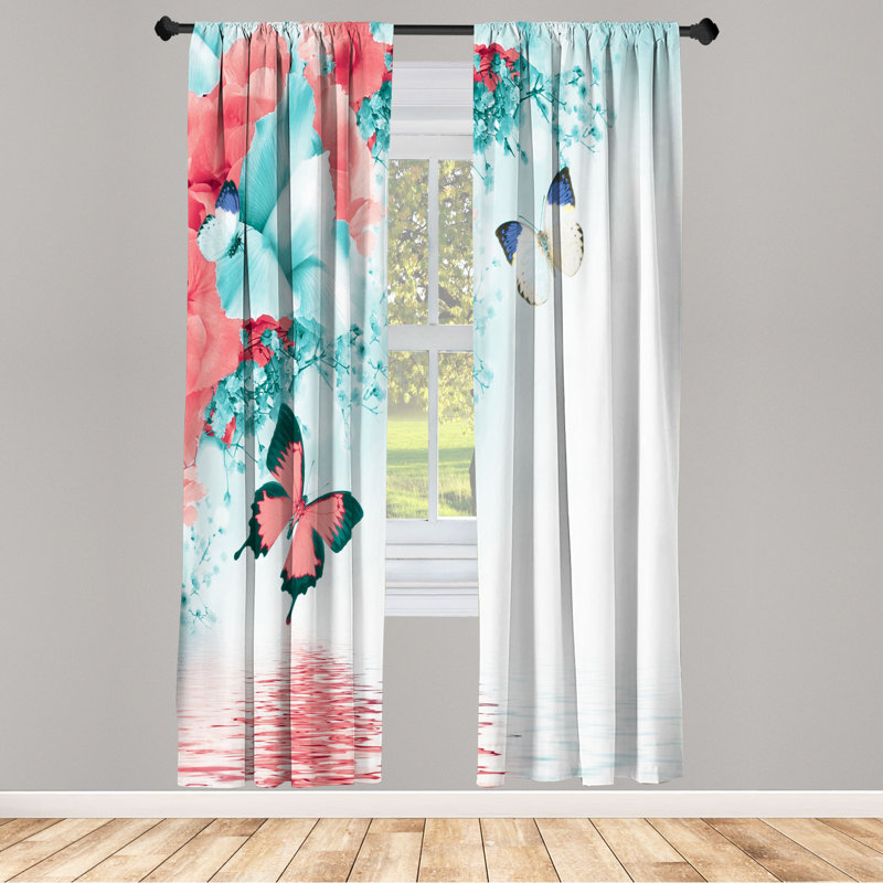 Microfiber Floral Semi-Sheer Rod Pocket Curtain Panels, 28" W x 63" L, Light Pink/Turquoise