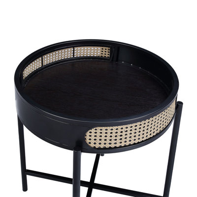 22"Colson Minimalist Black Metal Side Table with Woven Rattan Accent & MDF Tray-Style Tabletop – Round Small Accent Table, Light Luxury Vintage Side Table for Bedroom & Sofa Corner