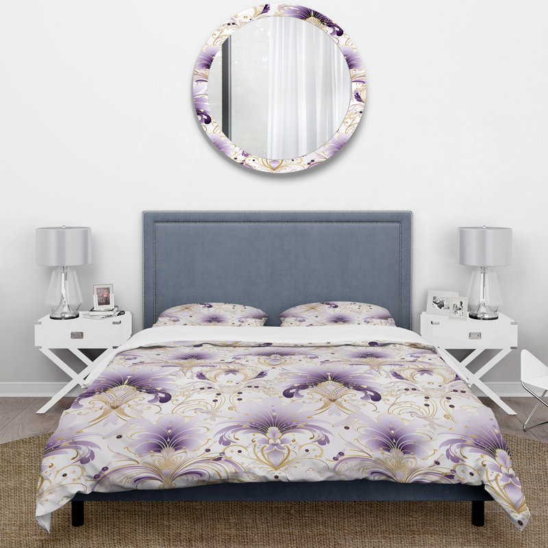 Literie damas mauve et blanc Art Deco II, Housse de couette pour très grand lit et 2 très