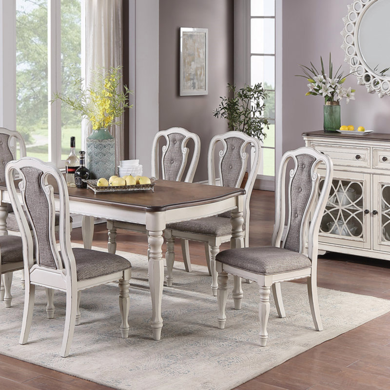 Ensemble de salle à manger 7 pièces de style transitionnel avec plateau en chêne et 6 chaises latérales avec coussin et siège blanc antique (ensemble de salle à manger)