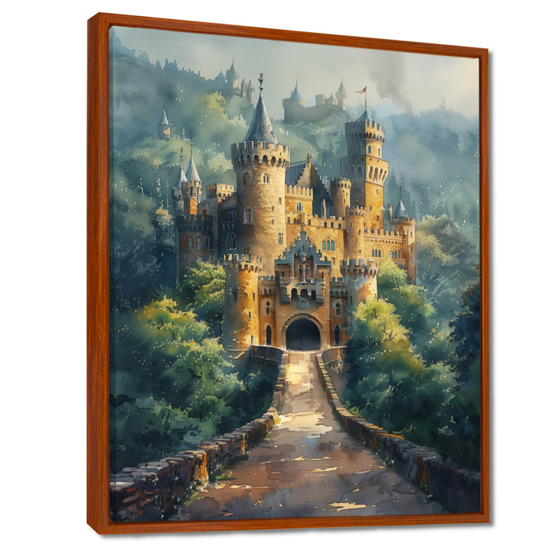 Beige vert, château de conte de fées, salon d'art mural châteaux, Toile avec cadre flottant brun, H 32 po x l 24 po x P 1 po