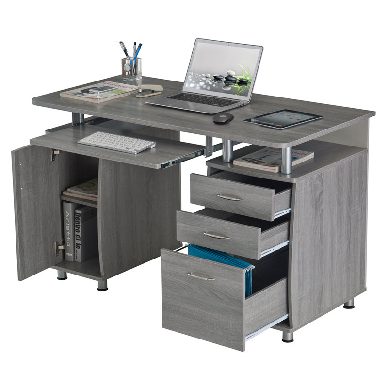 Bureau d'ordinateur complet avec rangement, Gris