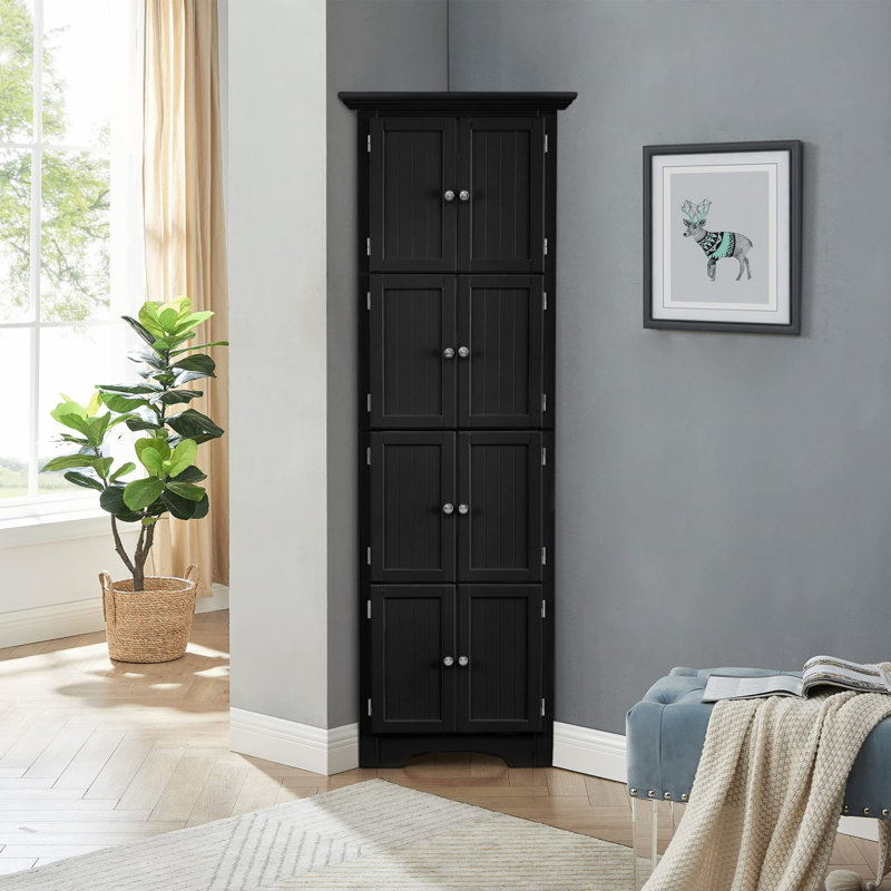 Tall Storage Cabinet With 8 Doors And 4 Shelves For Living Room, Kitchen, Office, Bedroom, Bathroom, Modern, Black