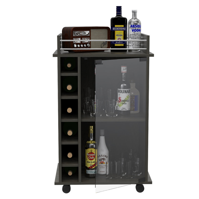 Chariot-bar Dukat, deux tablettes, six porte-bouteilles intégrés, quatre roulettes