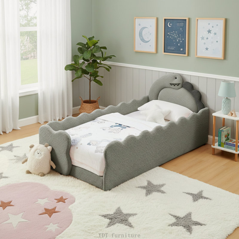 Twin Size Dinosaur-Shaped Kids Bed with Safety Guardrail, Solid Wood Frame, Boucle Fabric, Gray