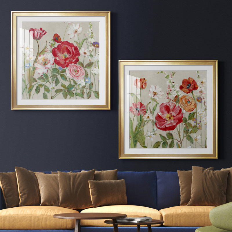 «Garden Menagerie I», ensemble de 2 reproductions d'art encadrées, H 26,5 po x l 53 po x P 1,5 po, Papier encadré doré, Blanc