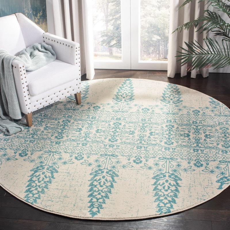 Tapis ivoire / sarcelle Annette, Rond 6 pi 7 po