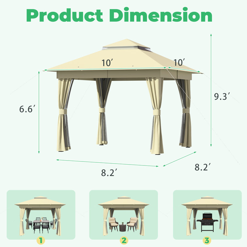 Outdoor 10'x10' Canopy Gazebo Kahaki, Metal Frame Canopy With Double Roofs, Heavy Duty Pavilion With Curtains And Nettings For Deck, Lawn And Backyard