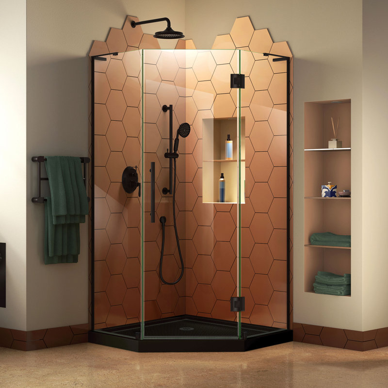 Prism Plus 40" W x 40" D x 74.75" H Frameless Neo-angle Hinged Shower Enclosure with Base Included, Matte Black/Black