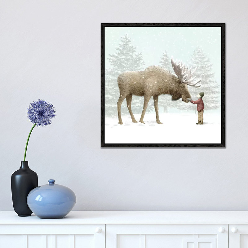 Winter Moose by Eric Fan - Floater Frame Print on Canvas, 45.72 cm H x 45.72 cm W, Black Framed