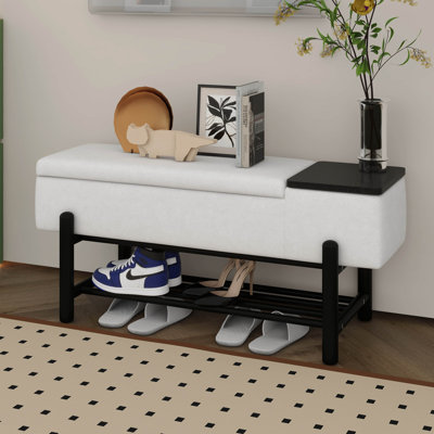 Upholstered Bench With Shoe Rack, Storage Bench With Rubber Wood Legs, Entryway Bench With Hidden Compartment by George Oliver