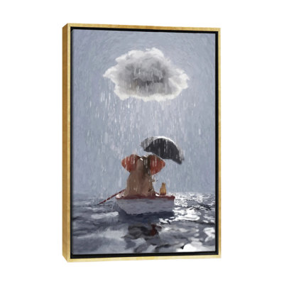 "Un éléphant et un chien flottant dans un bateau dans la pluie III" par Mike Kiev, reproduction d’art