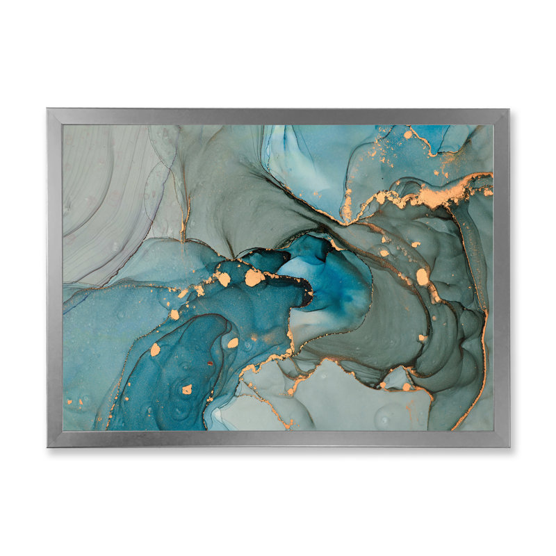 Turquoise doré infusé de marbre - reproduction sur toile, H 30 po x l 40 po, Impression encadrée, Argent