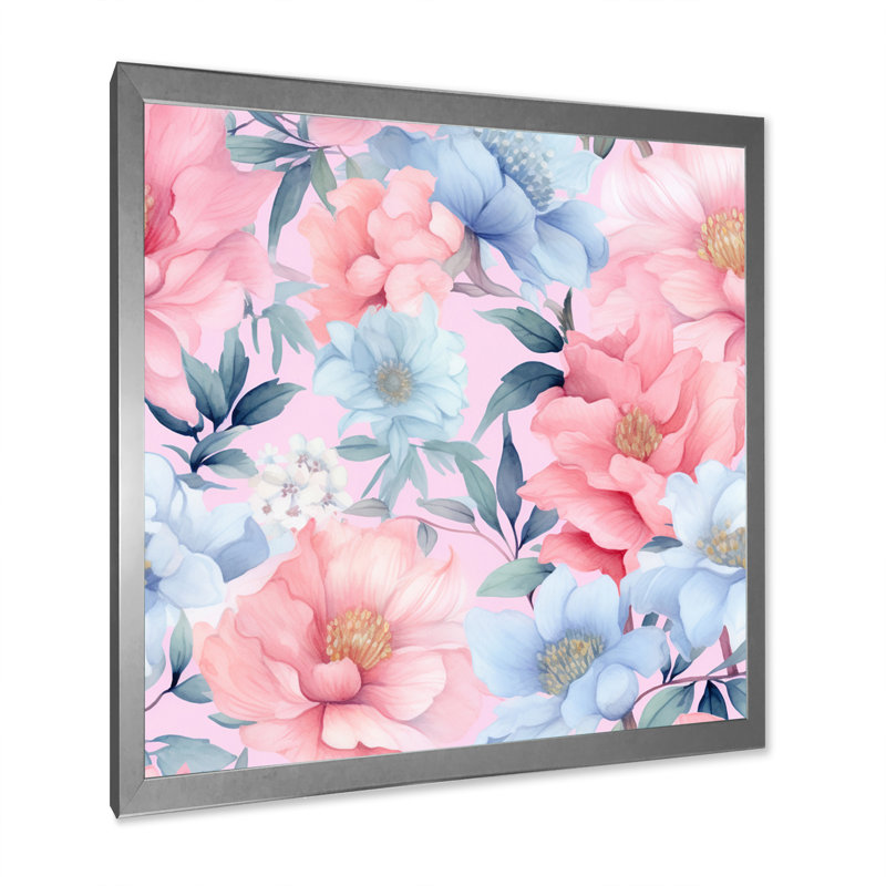 «Rose and Blue Petunia On White I», reproduction sur toile, H 24 po x l 24 po x P 1 po, Cadre photo argenté