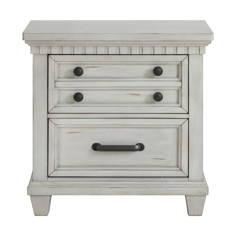 Table de chevet 2 tiroirs Millwood Pines Aleydis avec USB, Blanc antique