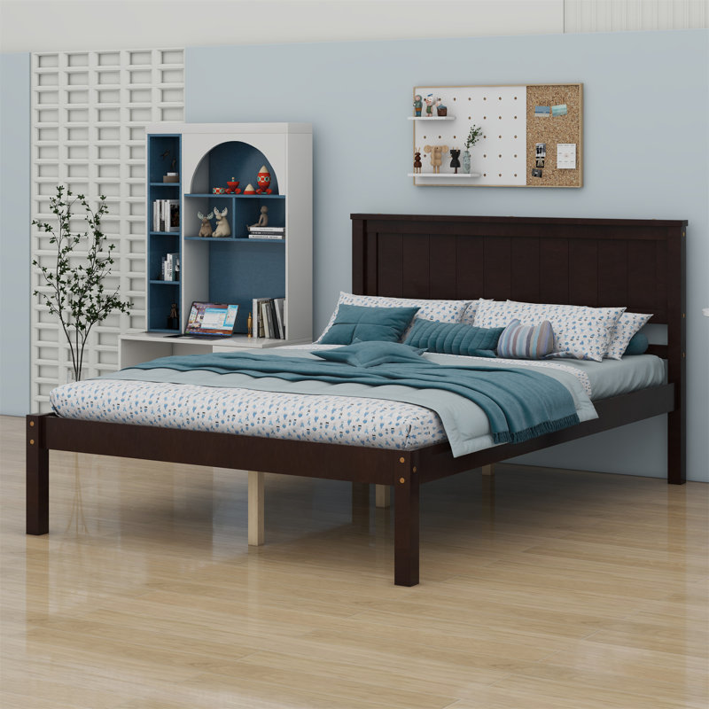 Chares Wood Platform Bed With Headboard, Queen, White