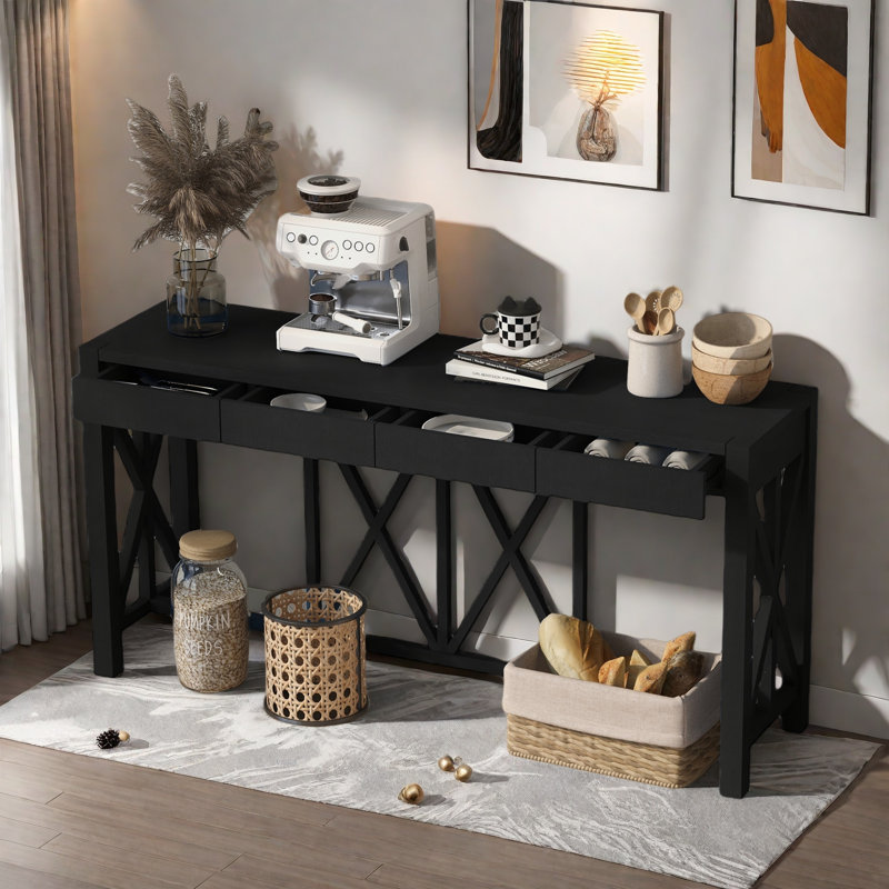 Console avec 4 tiroirs spacieux, Noir