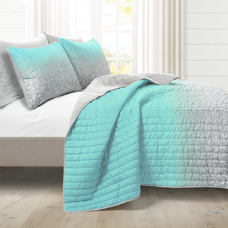 Ensemble de courtepointe en microfibre, Courtepointe pour grand lit + 2 taies décoratives, Turquoise / gris