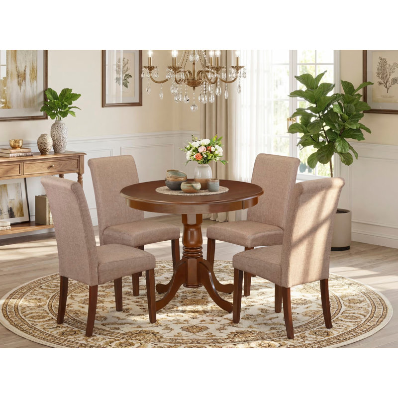 Dining Set Contains a Dinner Table and Linen Fabric Padded Chairs, Beige/Oak, 5 Pieces: Table, 4 Chairs, Mahogany