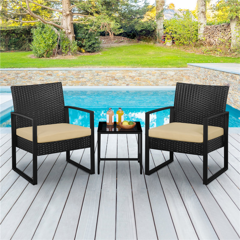 2 Seater Rattan Conversation Set, Black/Khaki