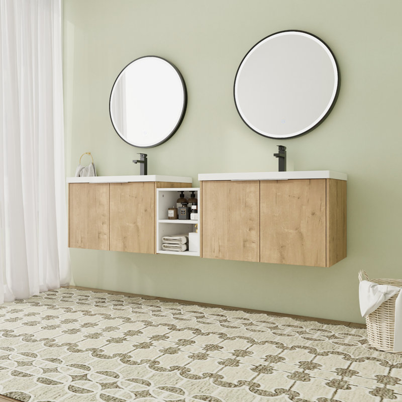 Meuble-lavabo double 71,17 po avec plateau en résine Kassidi, Brun clair