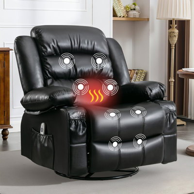 Fauteuil inclinable, inclinable et pivotant avec massage, massage vibratoire et chaleur, fauteuil de détente ergonomique pour le salon avec fonction berçante et port USB avec 2 porte-gobelets, noir.