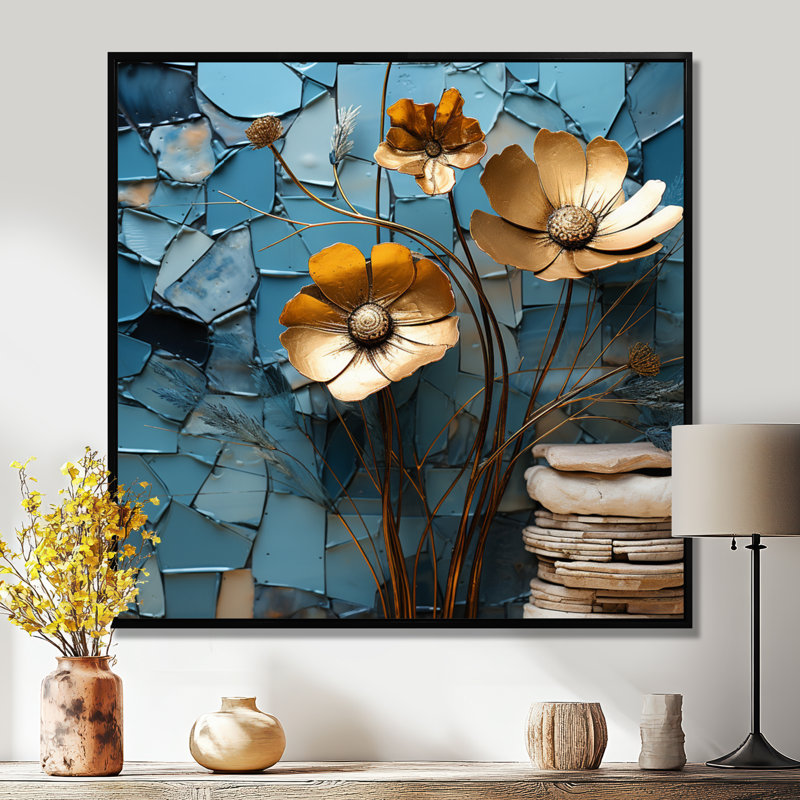 Coquelicots dorés sur bleu sarcelle - art mural coquelicot, H 16 po x l 16 po x P 1 po, Toile noire avec cadre flottant
