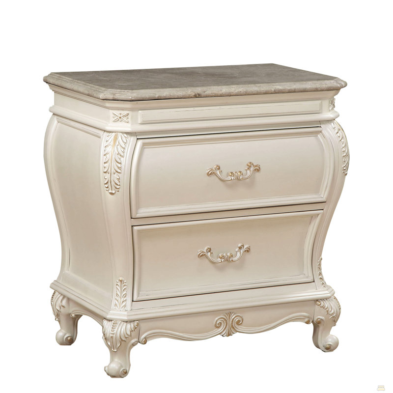 Table de chevet 2 tiroirs Pearl White avec pieds Queen Anne
